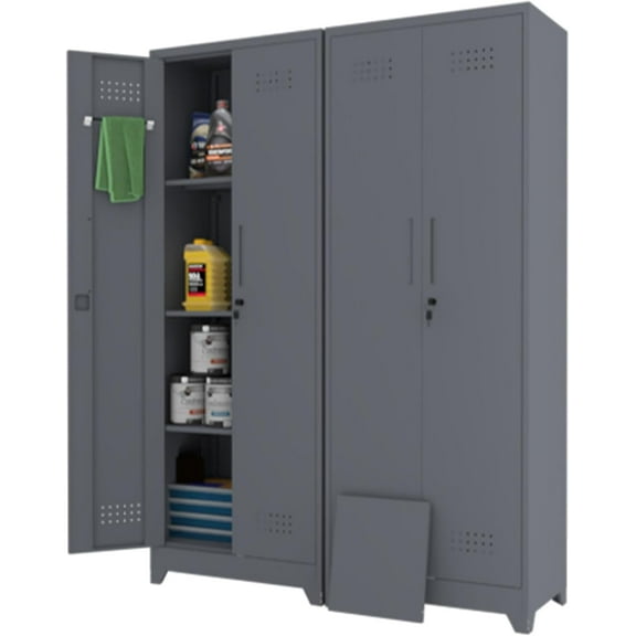 65" H Cleaning Storage Cabinet, Broom Closet Storage Cabinet with Adjustable Shelves, Utility Closet with Pegboard and Hanging Rod, Broom Storage for Brooms and Mops, Grey