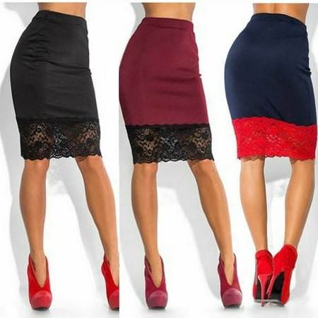 Women Lace panel Skirts Formal Stretch High Waist Knee-Length Bodycon ...
