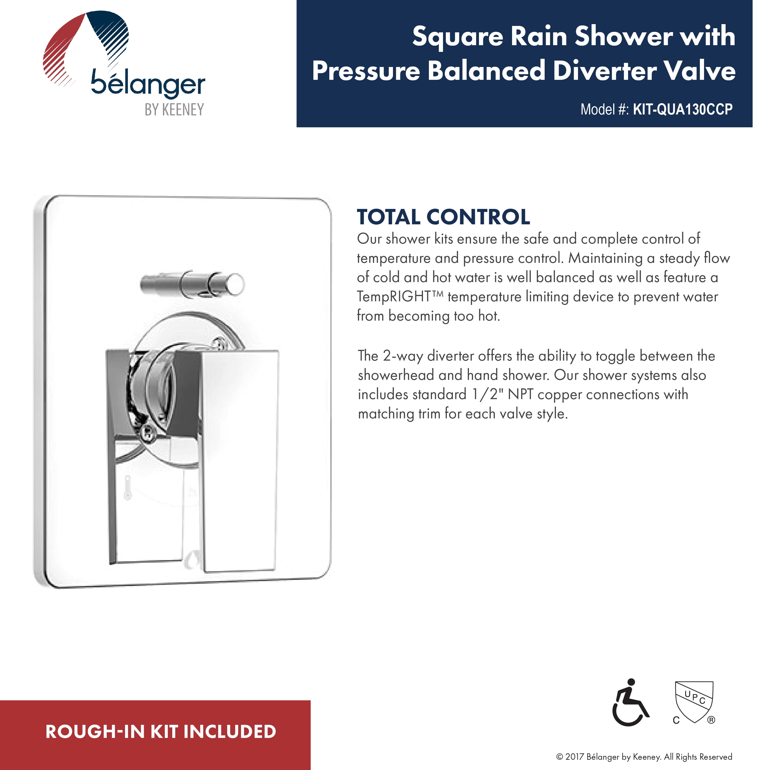 Belanger KIT-QUA130CCP06 Rain Pressure Balanced Square Shower System from Ceiling