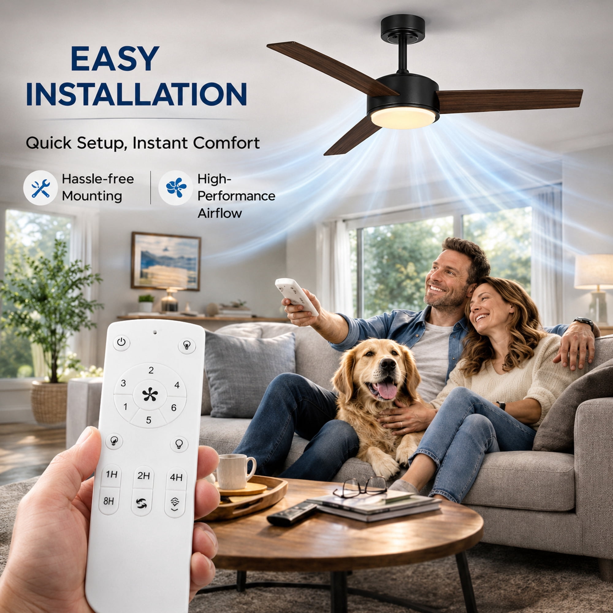 Mainstays 52-Inch Black Downrod DC Ceiling Fan with Integrated LED Light, Remote Control, 6 Speeds, and Fast-Install Blade System