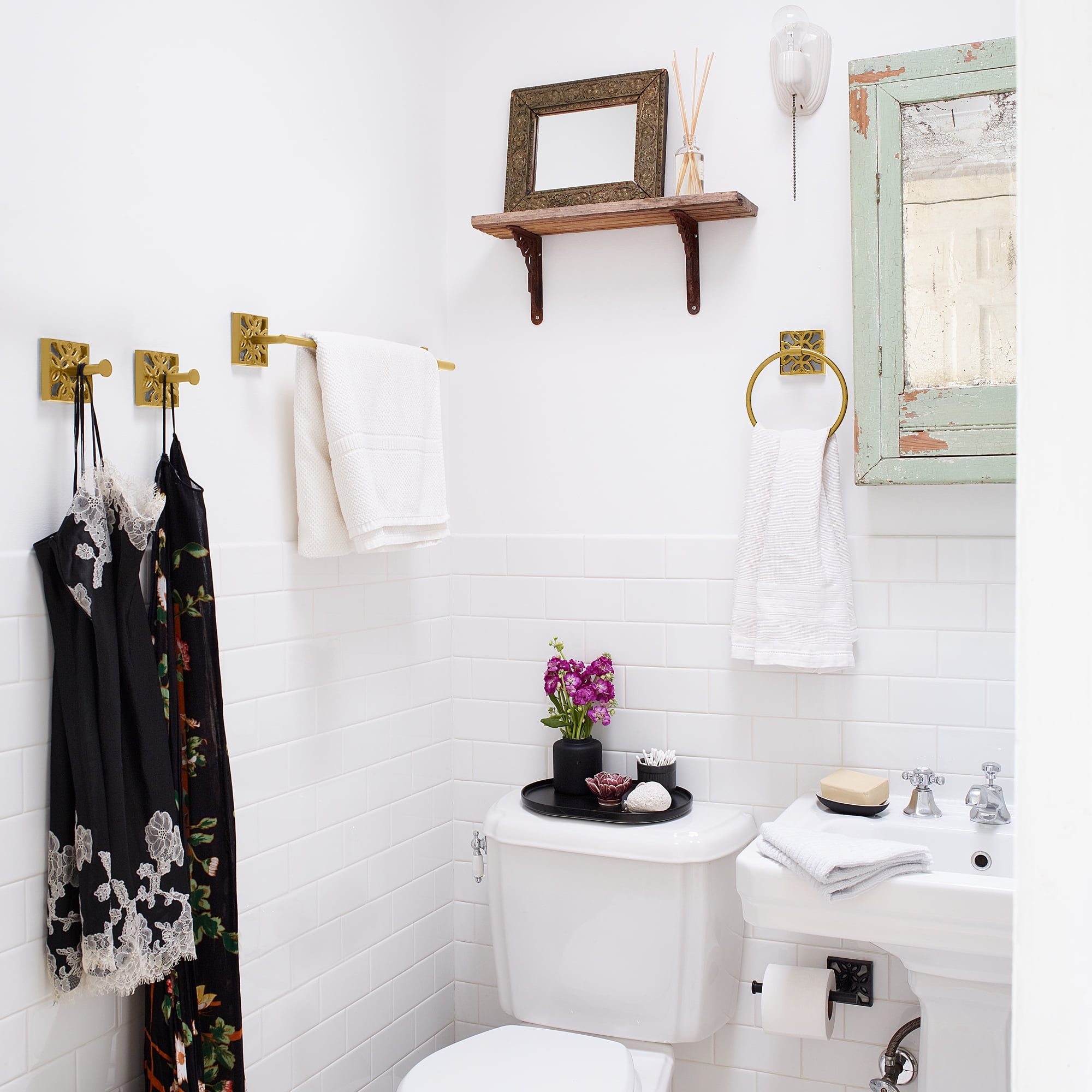 Autumn Alley 5 PC Gold Modern Bathroom Accessories Set, Wall Mounted - Towel Rack, Hand Towel Ring, Industrial Toilet Paper Holder, and 2 Towel Robe Hook for Bathroom Hardware Set