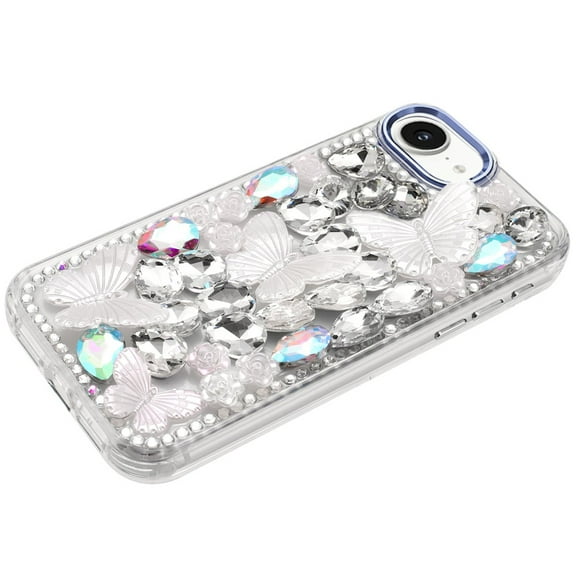 XPM for Apple iPhone 16e 3D Diamond Floral Butterfly Bling Stone Hybrid, Sparkly Rhinestone Gemstone Back Shockproof Phone Case Cover (Silver)