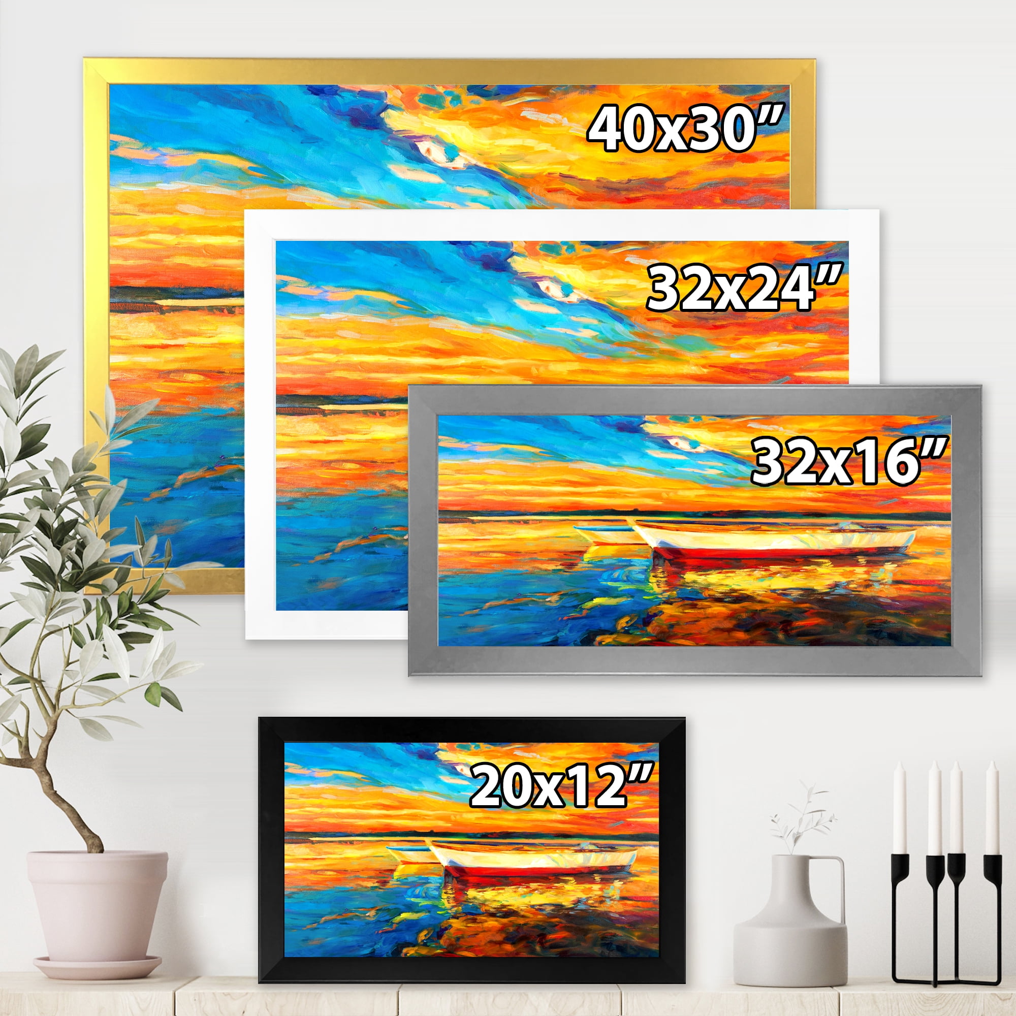 Designart 'Red and White Boats By The Pier At A VIbrant Sunset' Nautical & Coastal Framed Art Print