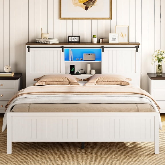 Kselythan Farmhouse Bed Frame Full Size with LED Lights and Charging Station, Wooden Platform Full Bed with Storage Bookcase Headboard, Full Bed Frame with Sliding Barn Door, No Box Spring Needed