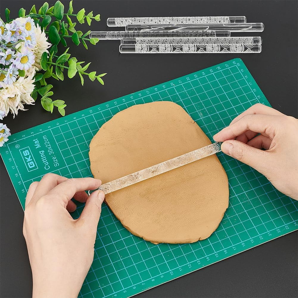 6 PCS Acrylic Embossed Rolling Pin 6.49 inch 3D Pattern Clay Non-Stick Roller for Polymer Clay Earrings Jewelry and DIY Decorative 0.39inch Diameter Clear