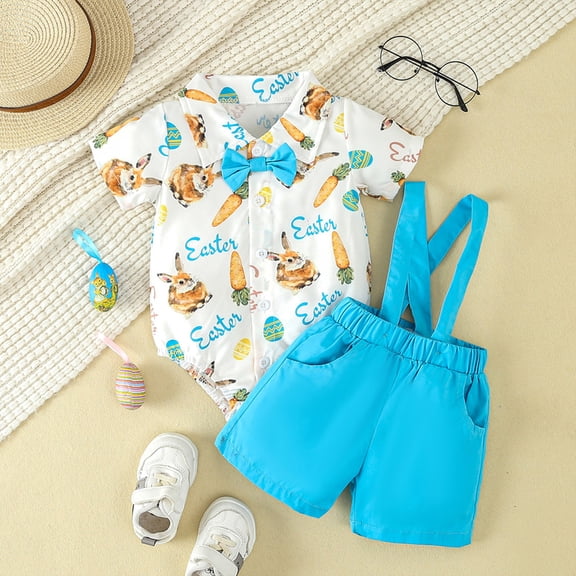ZEHJUHAN Infant Baby Boys Easter Set Long Sleeve Carrot Print Romper & Solid Color Suspender Shorts Blue,3-6M