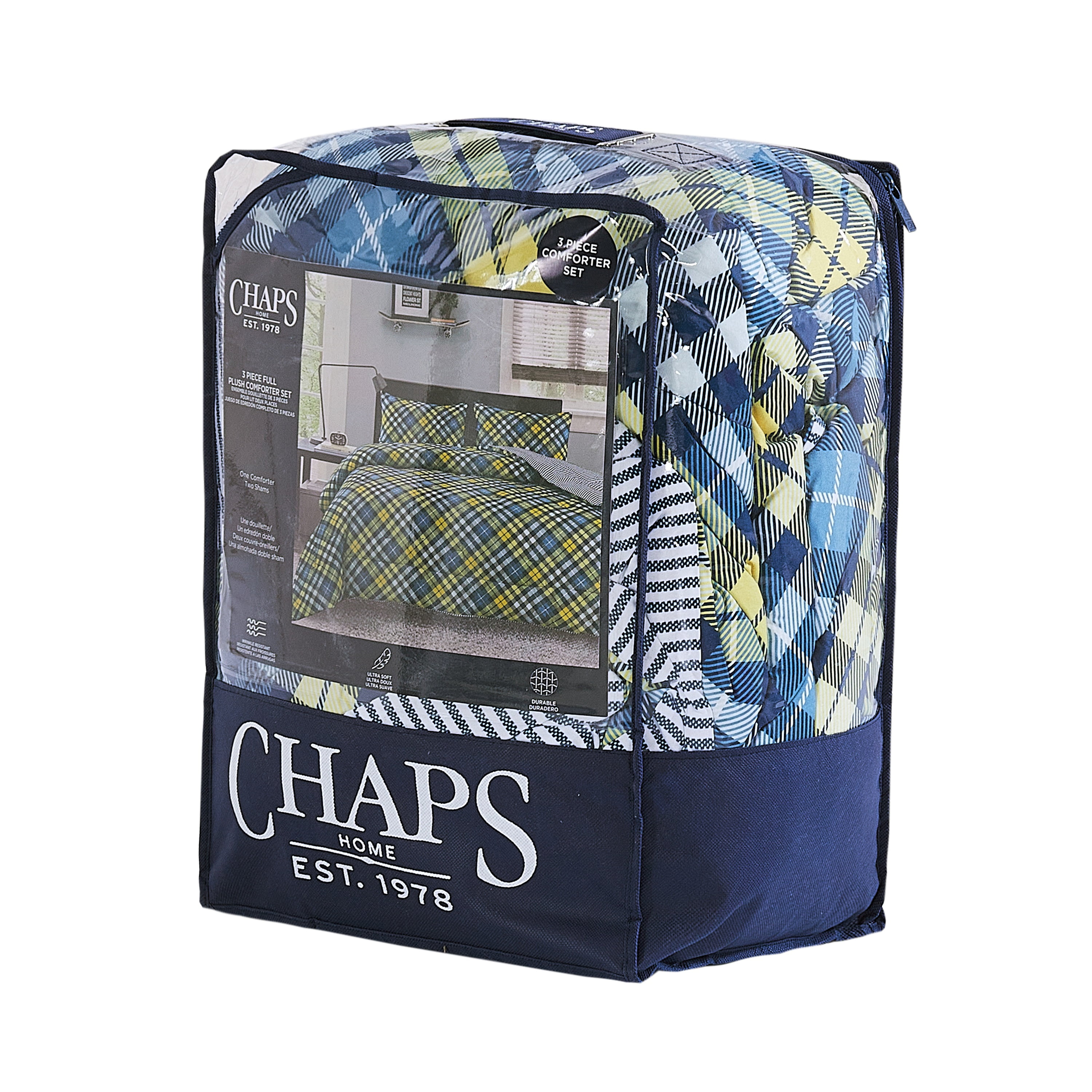 Chaps Kids 2-Piece Reversible Microfiber Comforter and Sham Bedding Set - Diagonal Plaid - Blue/Yellow - Size Twin