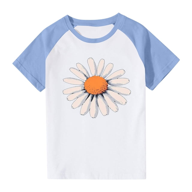 Zpanxa T-Shirts pour Tout-Petites Fille Été Imprimé Col Rond Manches Courtes Blouse d'École T-Shirt Imprimé avec Polyester Spandex 4 Ans