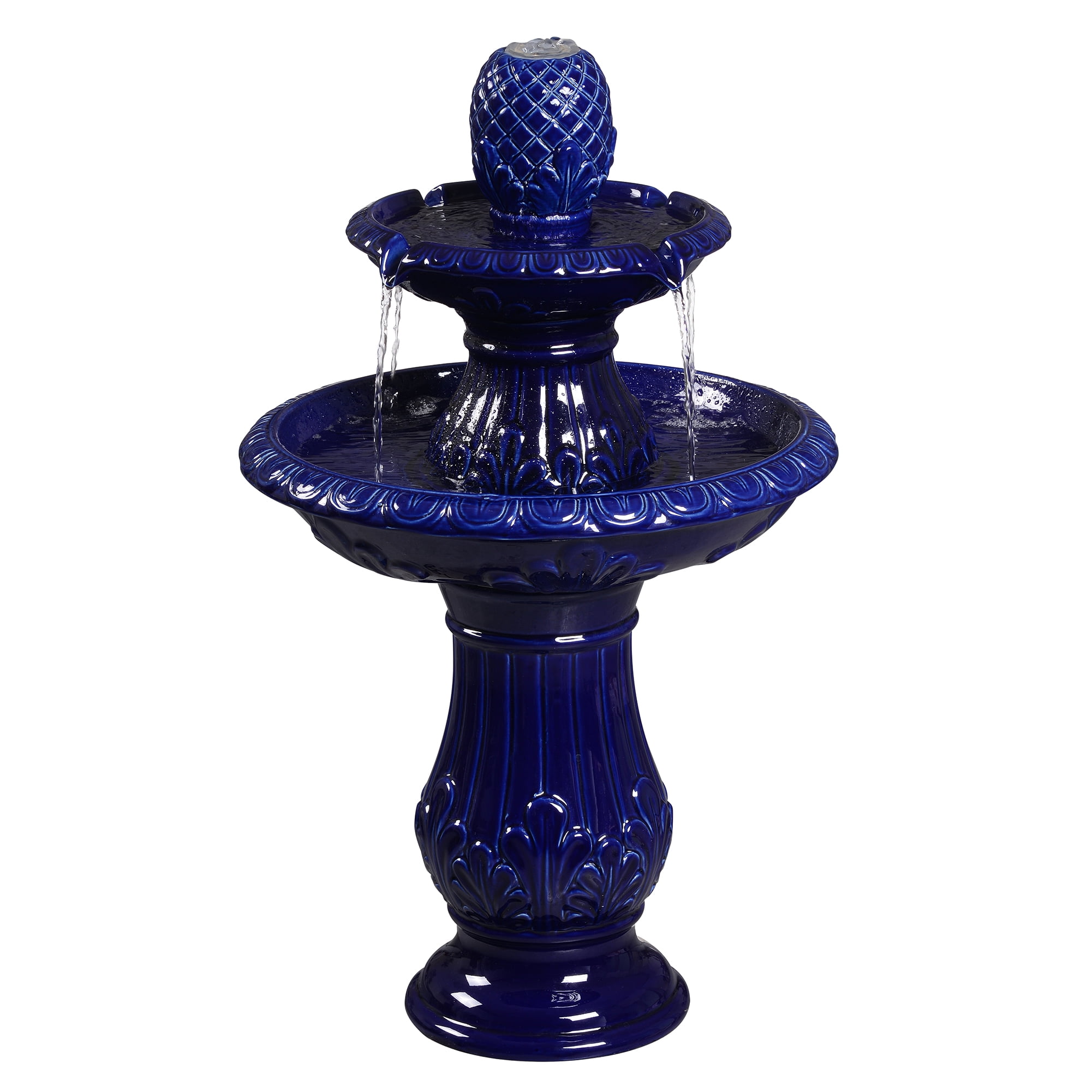 2-Tier Dark Blue Ceramic Pedestal Fountain, Decorative Water Fountain with LED Lights and Quiet Pump, Indoor Outdoor Water Feature for Patio, Garden, Deck, Balcony, Office and Home Décor