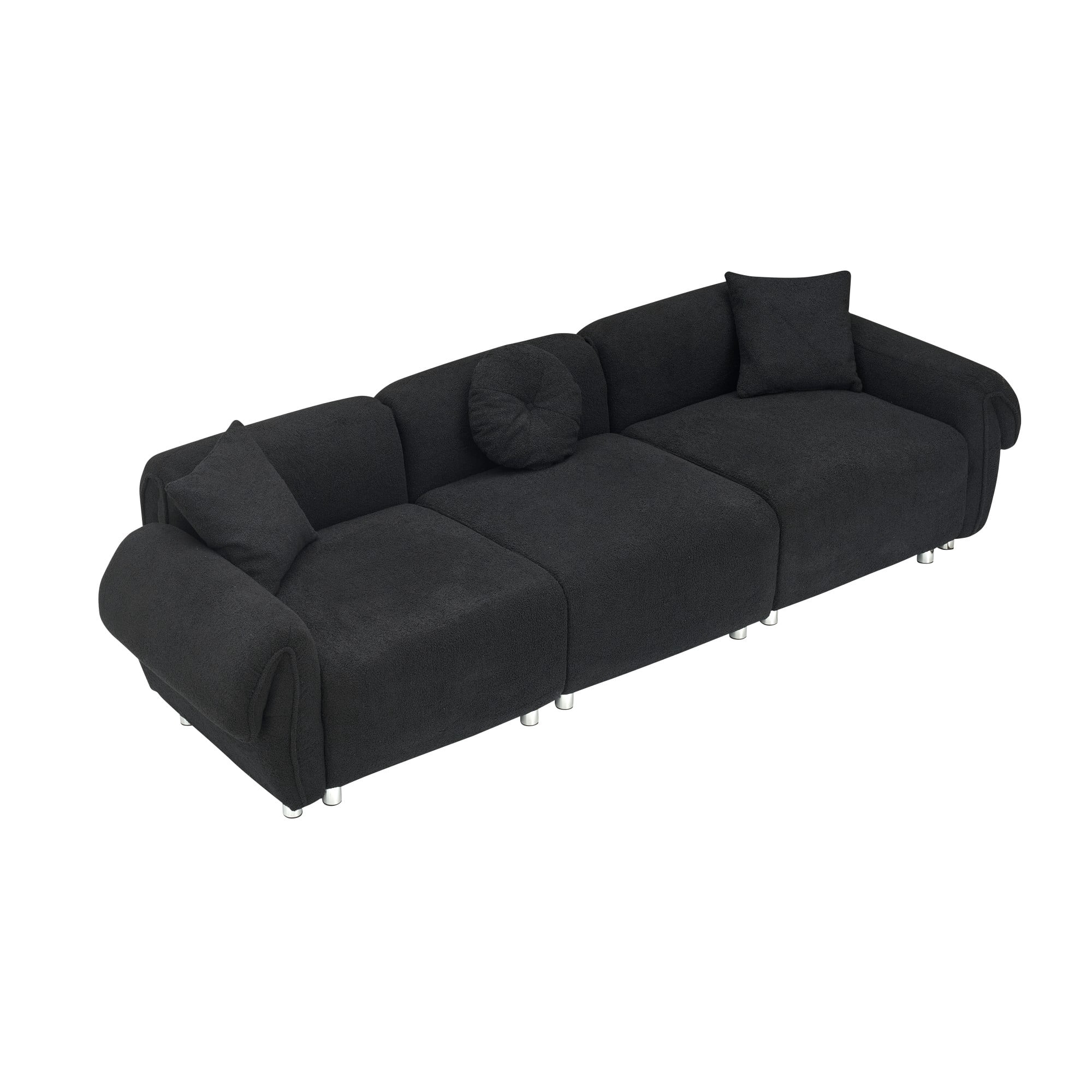 Sectional Sofa,3 Seat Sofa Couch Set with 3 Throw Pillows,112 inch Sofa Couch with Teddy Velvet Fabric for Living Room,Apartment,Black