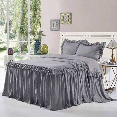 3 Piece Ruffle Bedspread Set King - Dark Gray 30 Inches Drop Ruffled Style Bed Coverlets Bedspreads Dust Ruffles - Alina Bedding Collections King Size - 1 Bedspread, 2 Standard Shams