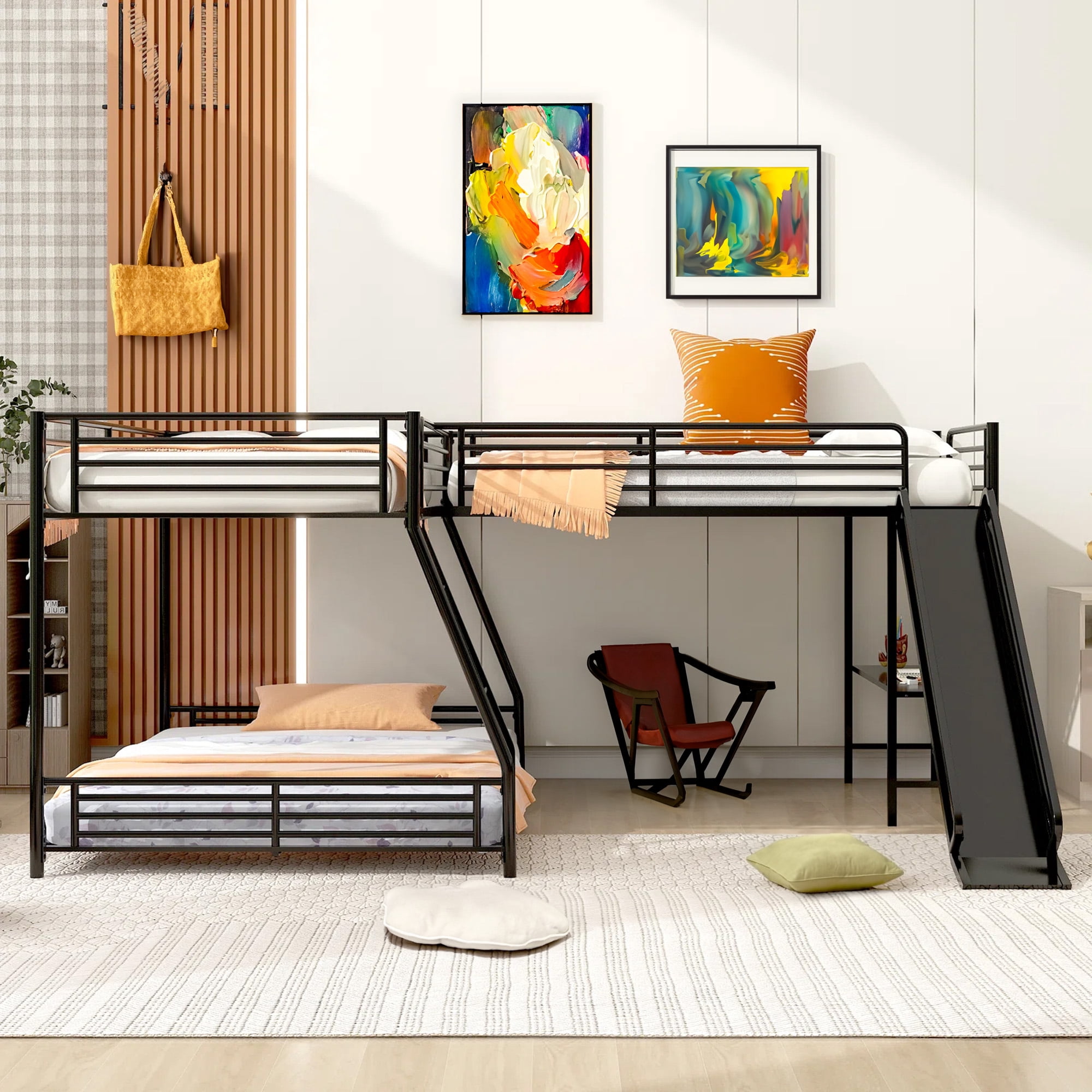 Aukfa Triple Bunk Bed with Desk and Slide, L-Shaped Metal Low Bunk Bed with a Twin Loft Bed for 3 Kids, Twin Over Full - Black
