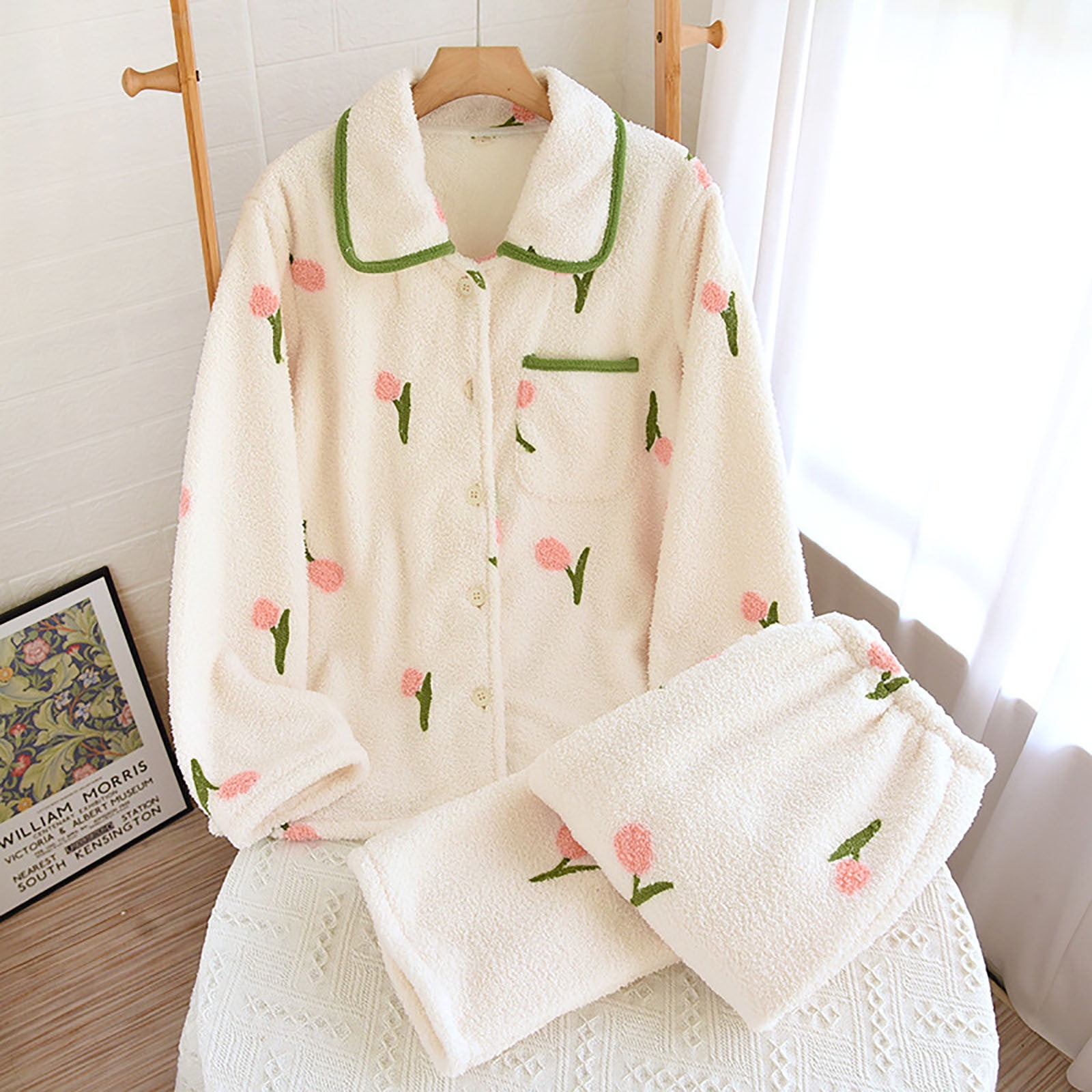 zanvin Fluffy Pajamas Set for Women Soft Comfy Fleece Pjs Pullover Pants Loose Plush Sleepwear Fuzzy Loungewear for Winter White M