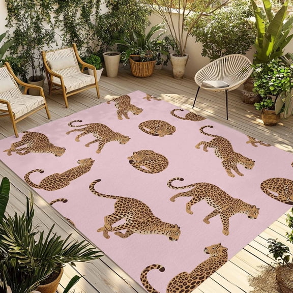 Leopard Outdoor Rug for Patio/Deck/Porch, Non-Slip Large Area Rug 5 x 7 Ft, Vintage Primitive Animals Pink Indoor Outdoor Rugs Washable Area Rugs, Reversible Camping Rug Carpet Runner