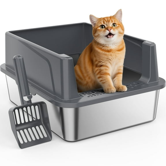 Stainless Steel Litter Box with High Sides, Top Entry Cat Litter Box for Small Cat, Anti-Urine Leakage, Non-Stick Bottom, 17in, Dark gray