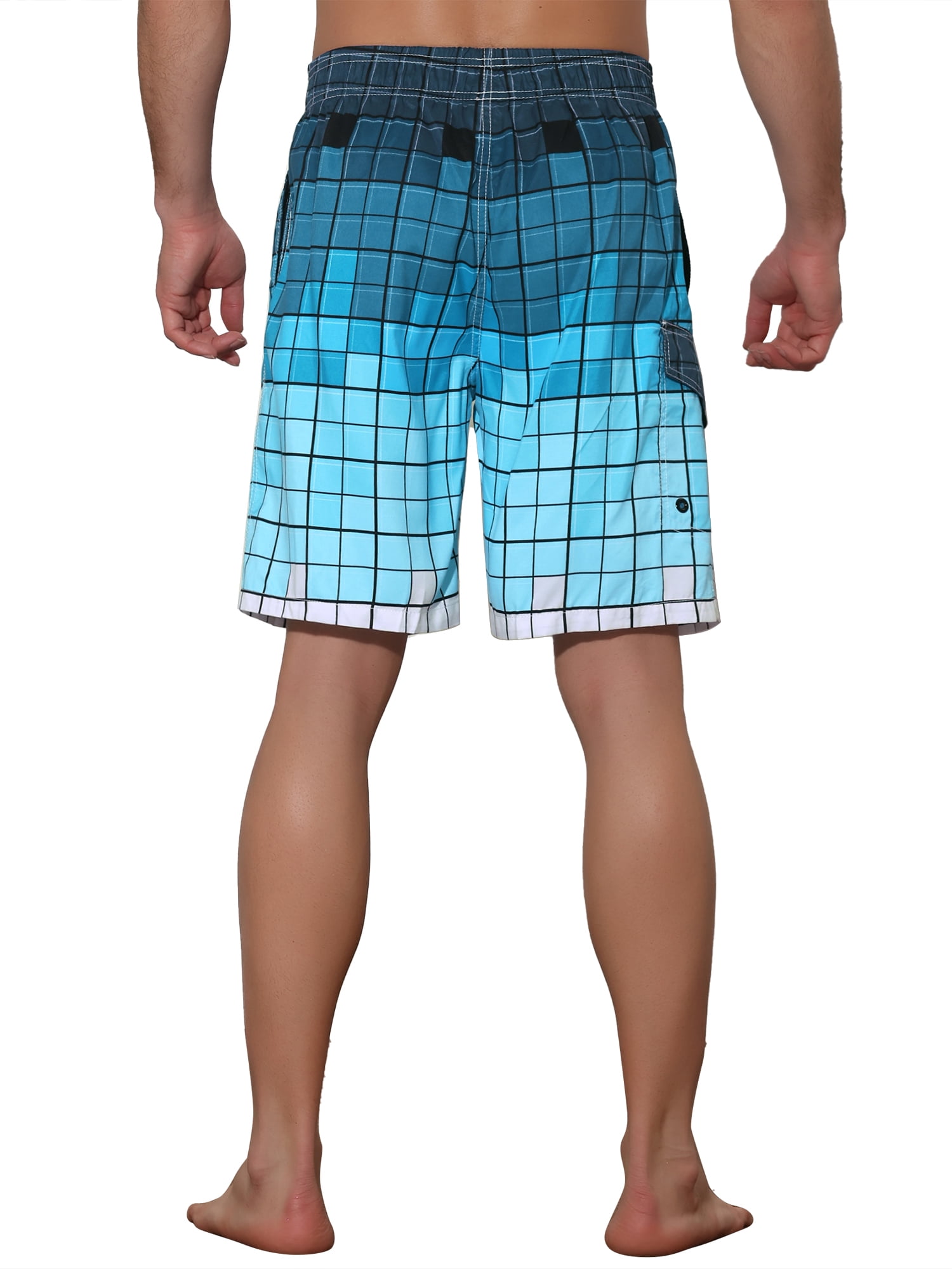 Unique Bargains Men's Hawaiian Drawstring Waist Color Block Plaid Board Shorts 32 Blue