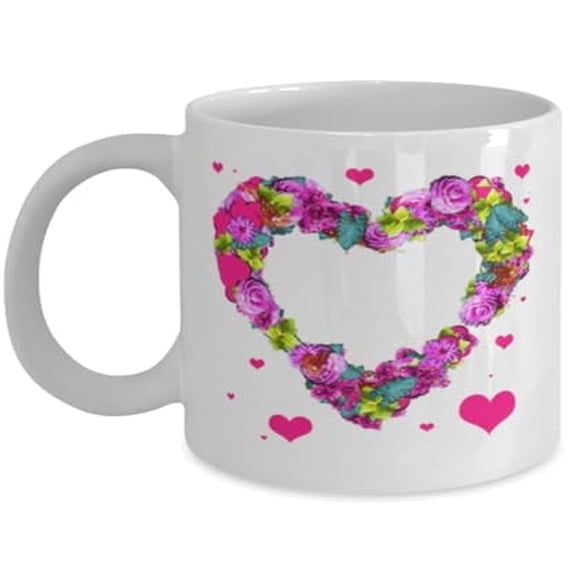 Valentines Day 11 oz Coffee Mug - Floral Heart Design White Ceramic Gift