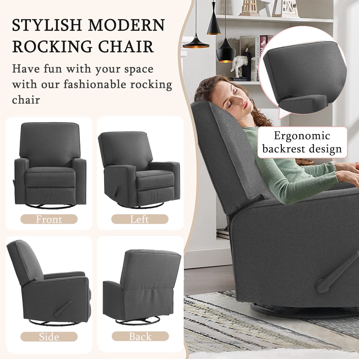 360° Swivel Rocker Recliner , Glider Rocker Recliner, Rocking Chairs for Nursery, Linen Fabric Chair with High Back, Deep Seat, for Living Room, Bedroom, DarkGrey