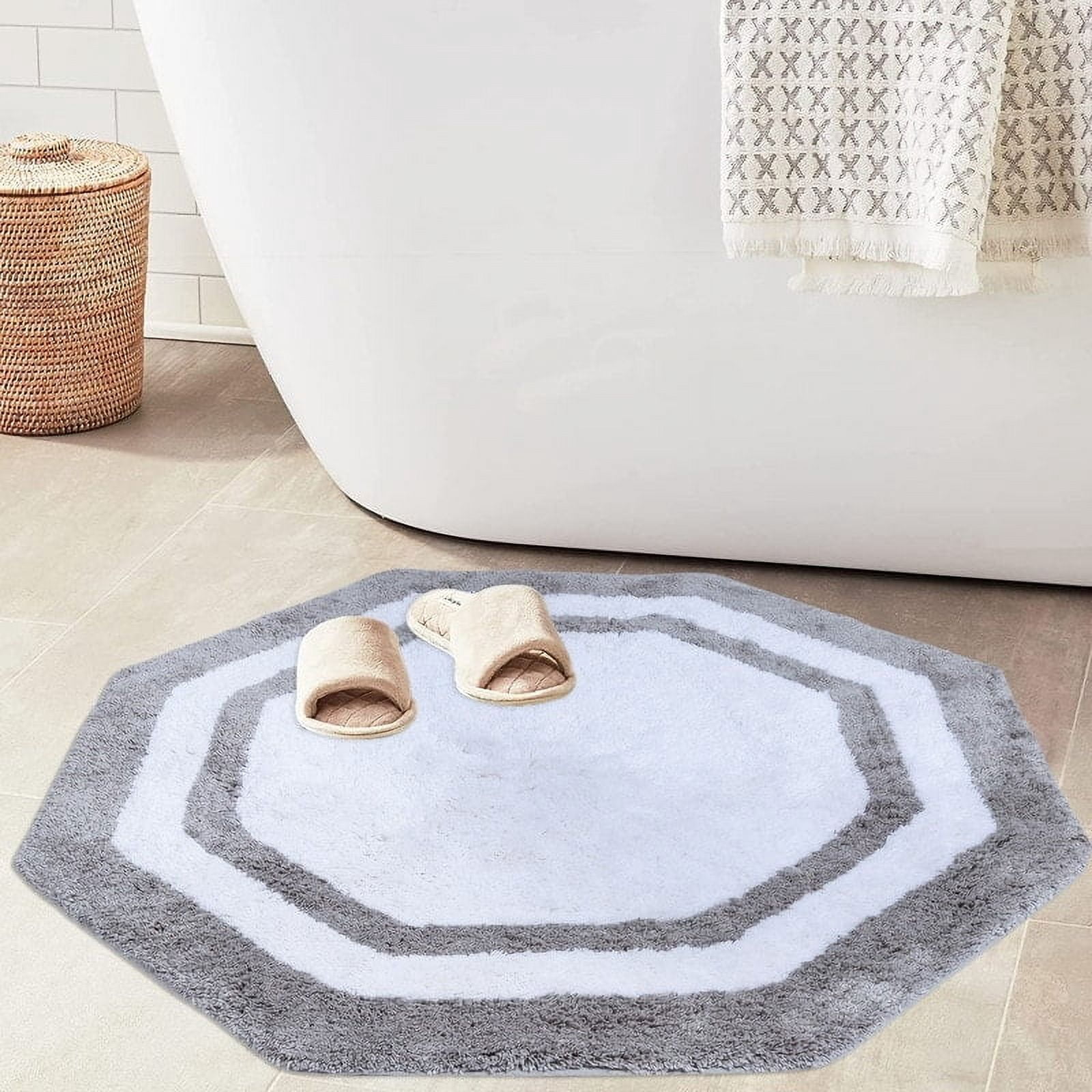 Sherry Kline  32" Hexagon Round Bathmat Framed in Two Tone Colorway Sky Blue/White Center