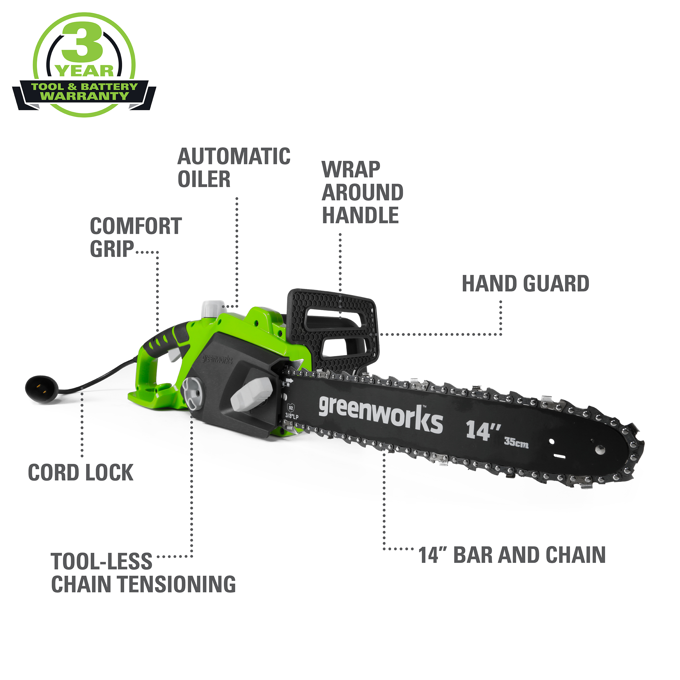 Greenworks 14" Corded Electric 10.5 Amp Chainsaw 20222 - image 2 of 11