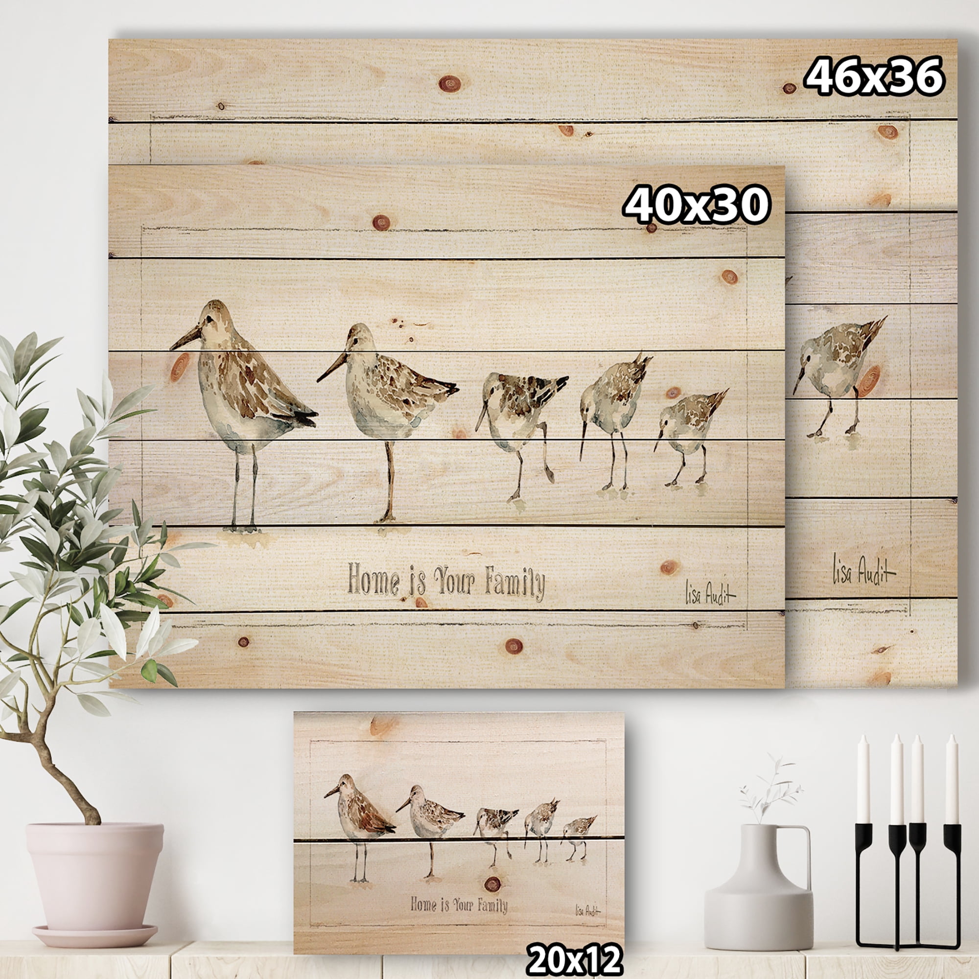 Designart 'Sandpipers and Pebbles Family' Traditional Print on Natural Pine Wood