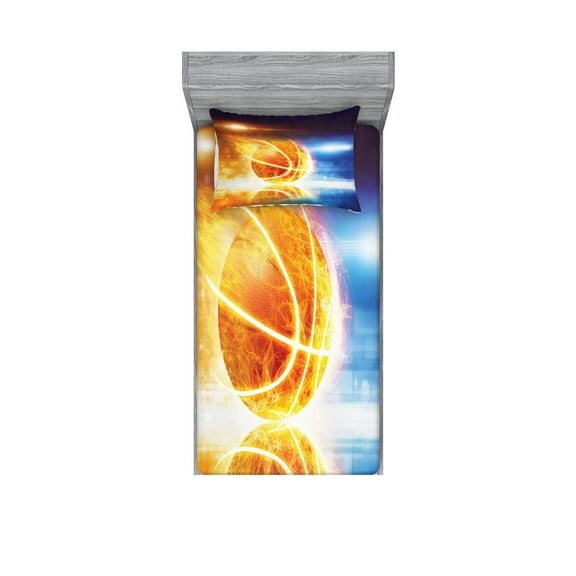 Ambesonne Abstract Fitted Sheet & Pillow Sham Set, Burning Basketball Art, Twin, Blue Yellow