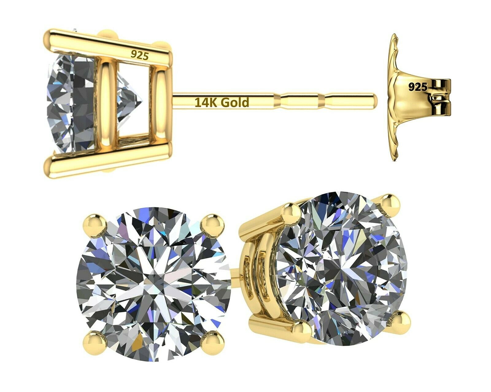 14K Solid Gold Post & Sterling Silver 4 Prong CZ Stud Earrings - Yellow ...