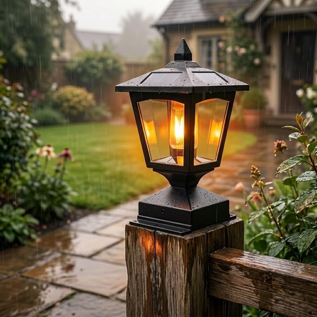 4X4 5X5 6X6 Solar Powered Post Cap Light, Outdoor Lantern, Black, Warm Flame Effect, Garden Fence Pillar Lamp