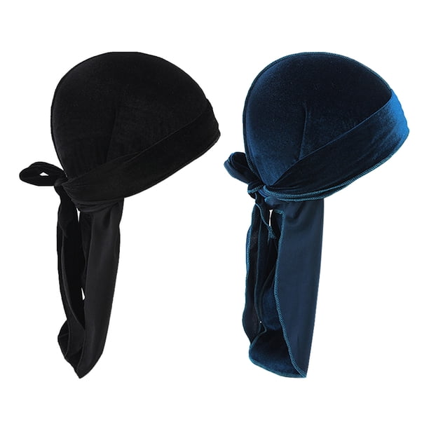 Unisex Velvet Bandana Durag Headwear Seda Pirate Cap Wrap Hat Black + Navy Sunnimix Velvet Bandana Durag Cap