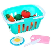TABGIME Green Big Toy Shopping Baskets W/Cutting Foods for Kids 3Y+, Pretend-N-Play Shopping Grocery Play Set Gifts to Toddlers Girls Boys