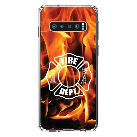 DistinctInk Clear Shockproof Hybrid Case for Samsung Galaxy S10  PLUS(6.4" Screen) - TPU Bumper, Acrylic Back, Tempered Glass Screen Protector - Flames Fire Department Maltese Cross -First Responders