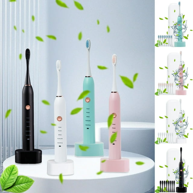Cepillo de dientes eléctrico con temporizador • 8 cabezales de recambio • 5 modos • IPX7 impermeable • USB recargable • blanco, azul, rosa