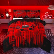 Homewish Cartoon Red Gamepad Full Size Comforter Sets for Teens, Modern Game Console Bedding Comforter Set, Chic Stripes Abstract Reversible Bedding Sets, Breathable Home Decor, 3pcs