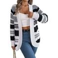 thumbnail image 2 of Women'S Color Block Striped Cardigan Sweater Casual Fall Winter Open Front Knit Cardigan Sweaters with Pockets Grey M, 2 of 9