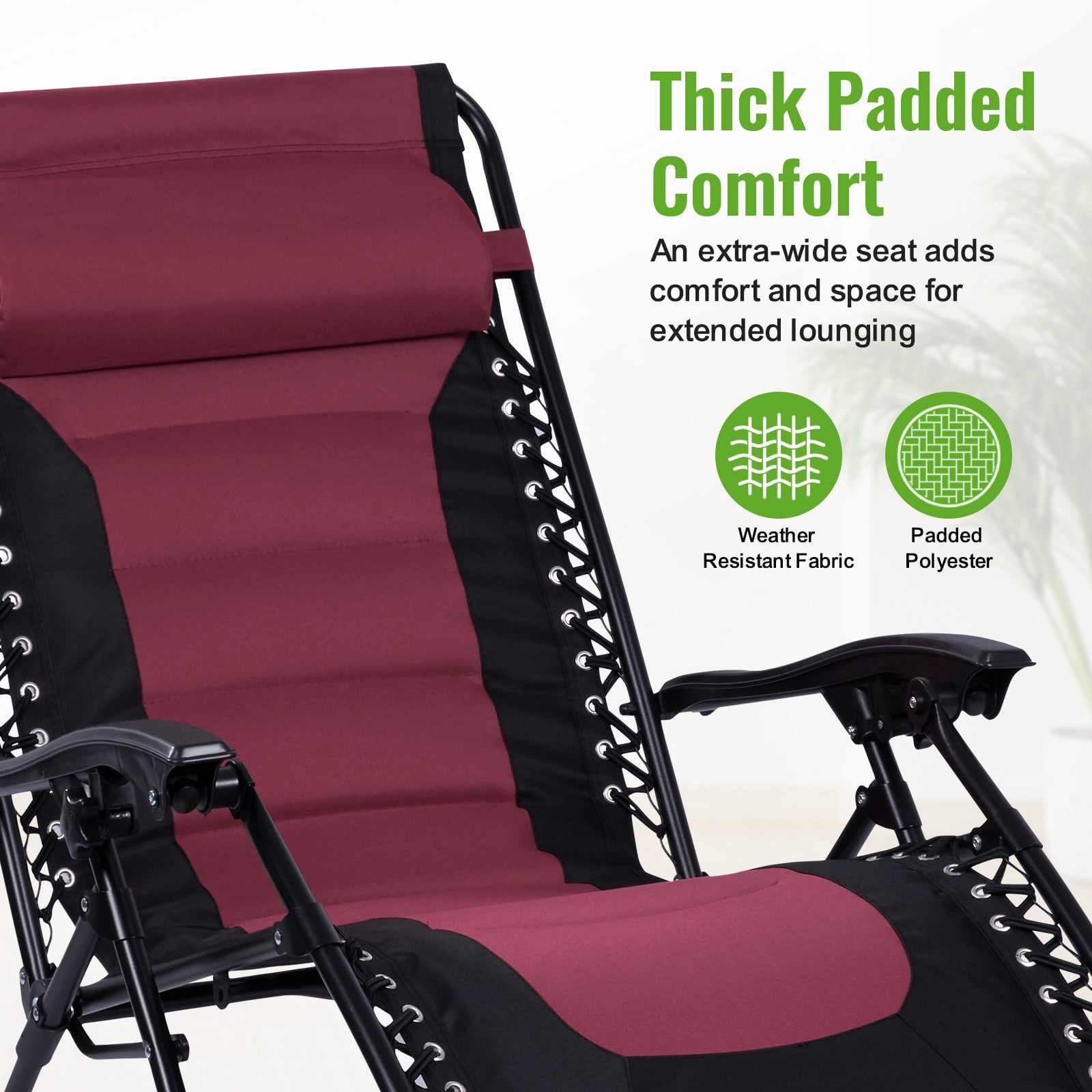Backyard Expressions Deluxe XL Padded Recliner Zero Gravity Chair – Ergonomic Anti Gravity Lounger with Folding Design, Side Tray, and Adjustable Headrest