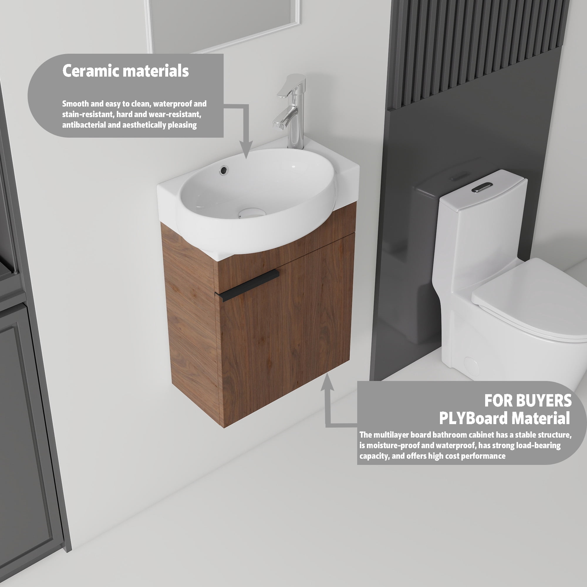 Leumius 16" Wall-Mount Bathroom Vanity Cabinet with with Ceramic Sink & Soft‑Close Doors for Small Space,Bathrooms,Brown