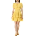 thumbnail image 2 of Allegra K Women's Tie Neck Ruched Sleeve Elastic Waist A-Line Double Layers Ruffle Hem Short Dress, 2 of 6