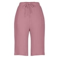 thumbnail image 5 of Women's Cotton Linen Bermuda Shorts Knee Length Elastic Waist Loose Fit Summer Casual Shorts with Pockets, #03 Pink, XXL, 5 of 7