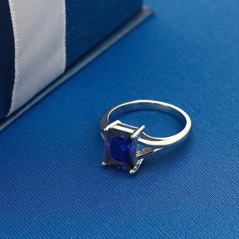 Gem Stone King 925 Sterling Silver Blue Created Sapphire Solitaire Engagement Ring for Women (2.70 Cttw, Emerald Cut 9X7MM, Gemstone September Birthstone, Size 8)