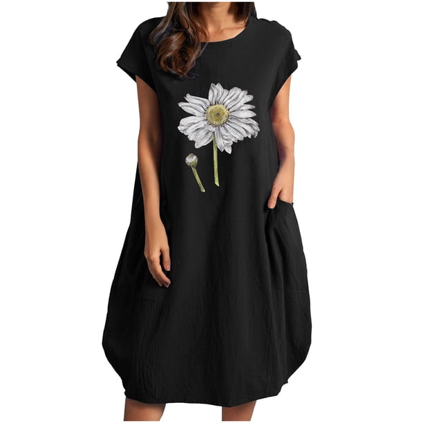 Vestido suelto de manga corta informal con estampado floral de algodón y lino de verano para mujer con bolsillo y cuello redondo Pompotops ghjkhdj12072