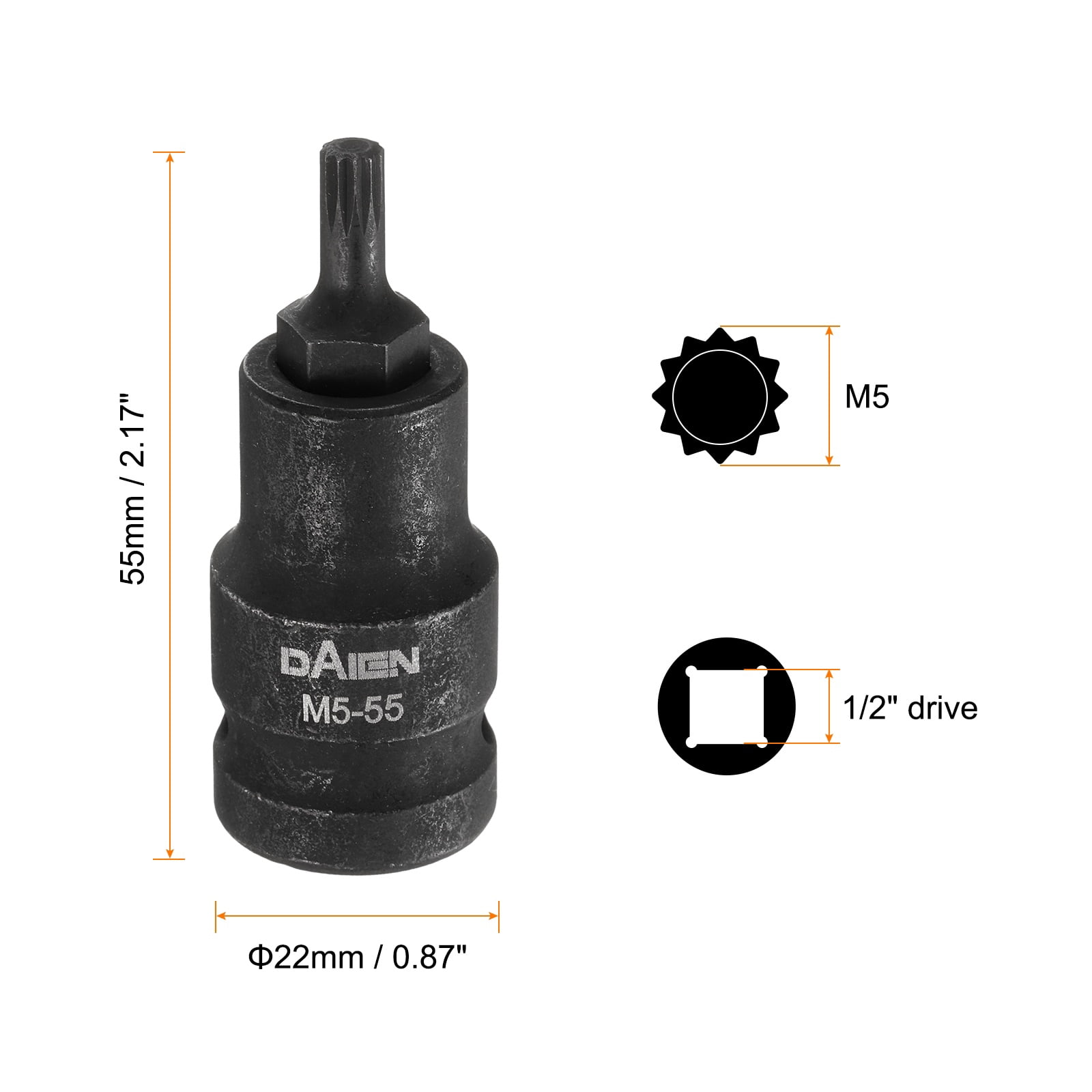 Uxcell 5pcs M5 Triple Square Bit Socket 55mm/2.17" Length 1/2" Square Drive 12 Point Spline Extension Impact Bit Power Nut Driver Set S2 Steel Socket Ratchet Wrench Bits, Black