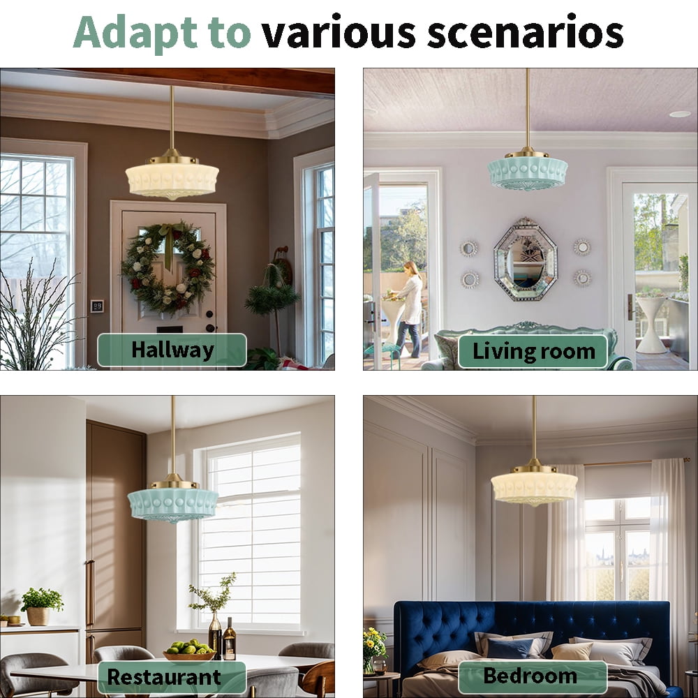 Vintage Brass Glass Pendant Lamp, Flower Embossed Pattern Adjustable Height Hanging Light For Home Decor