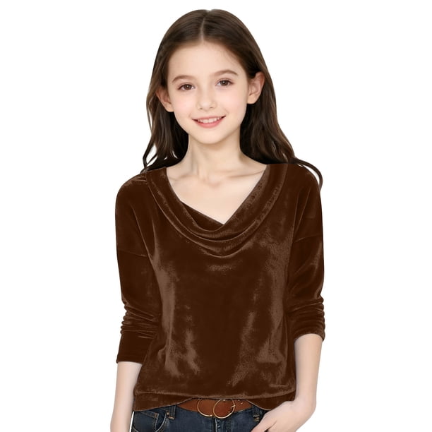 Top de terciopelo liso para niña con cuello redondo y mangas largas.