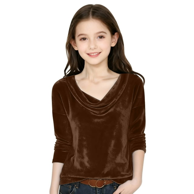 Top de terciopelo liso para niña con cuello redondo y mangas largas.