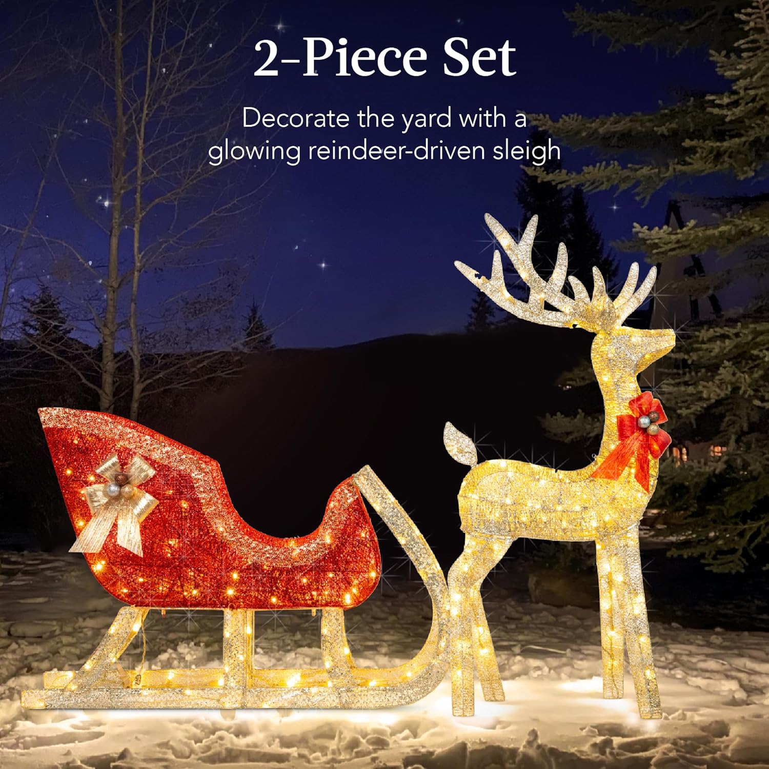 Best Choice Products Lighted Christmas 4ft Reindeer & Sleigh Outdoor Yard Decoration Set w/ 205 LED Lights, Stakes - Gold - image 2 of 7