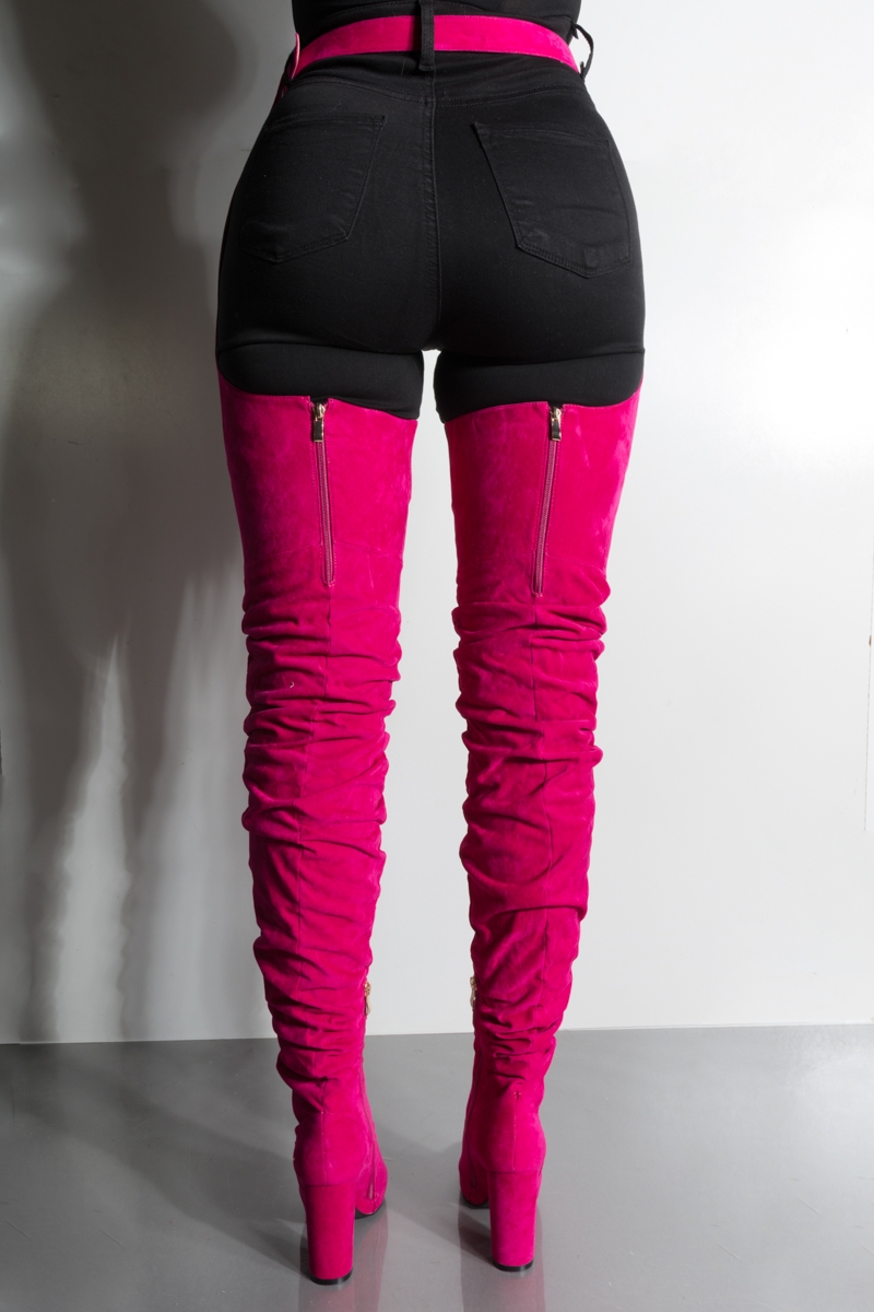 belted thigh high chunky heel chap boot