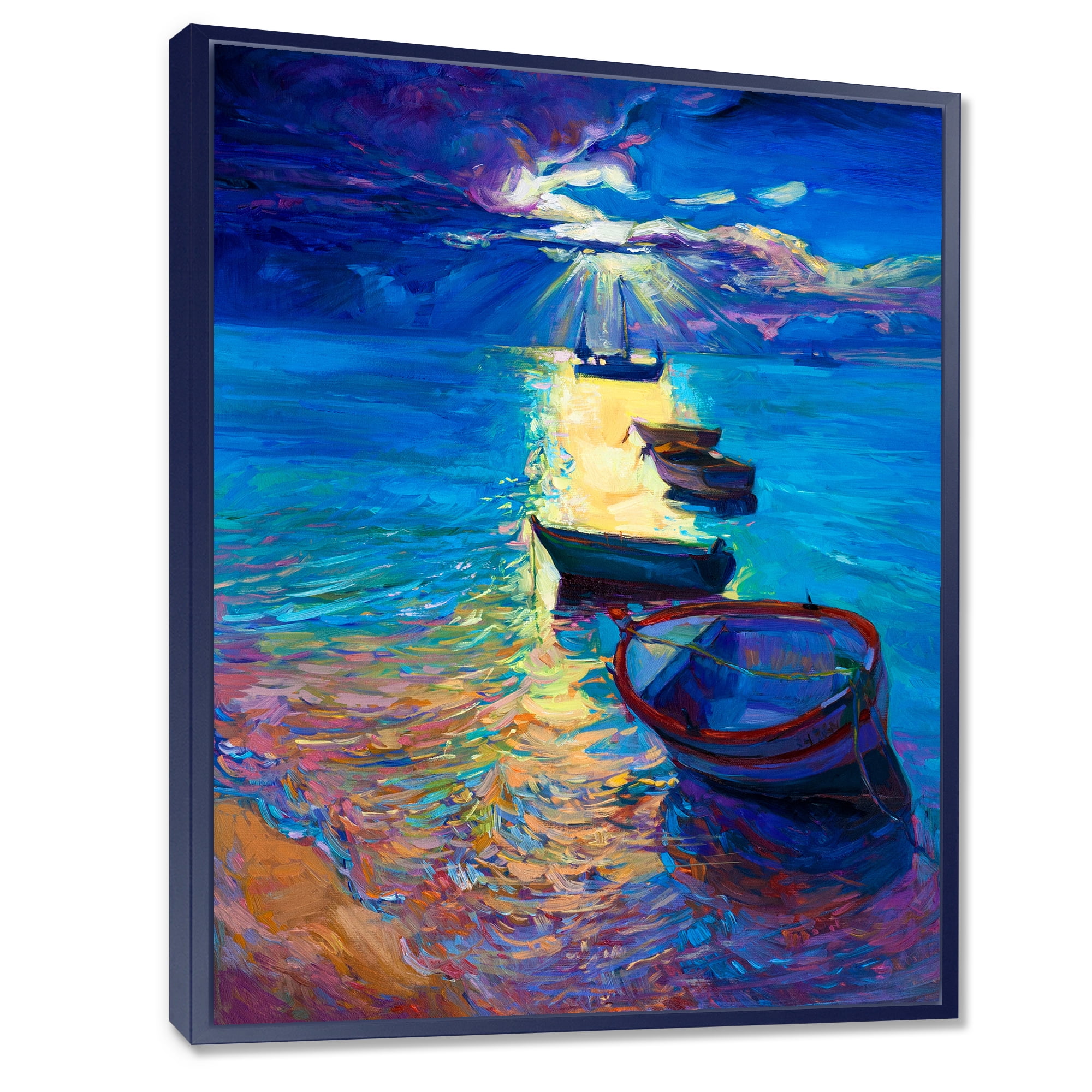 Designart 'Fishing Boats On The Water With Dark Blue Sky Illustration' Lake House Framed Canvas Wall Art Print