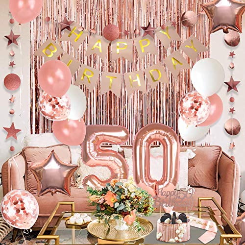 50th Birthday Decorations For Women Happy Birthday Banner 50th Birthday Cake Topper Rose Gold Curtain Happy 50th Birthday Sash Number 50 Foil Balloon For Anniversary Decor Birthday Party Backdr Walmart Com