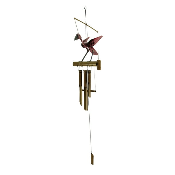 Hand Carved Wood and Bamboo Bobbing Head Pink Flamingo Wind Chime