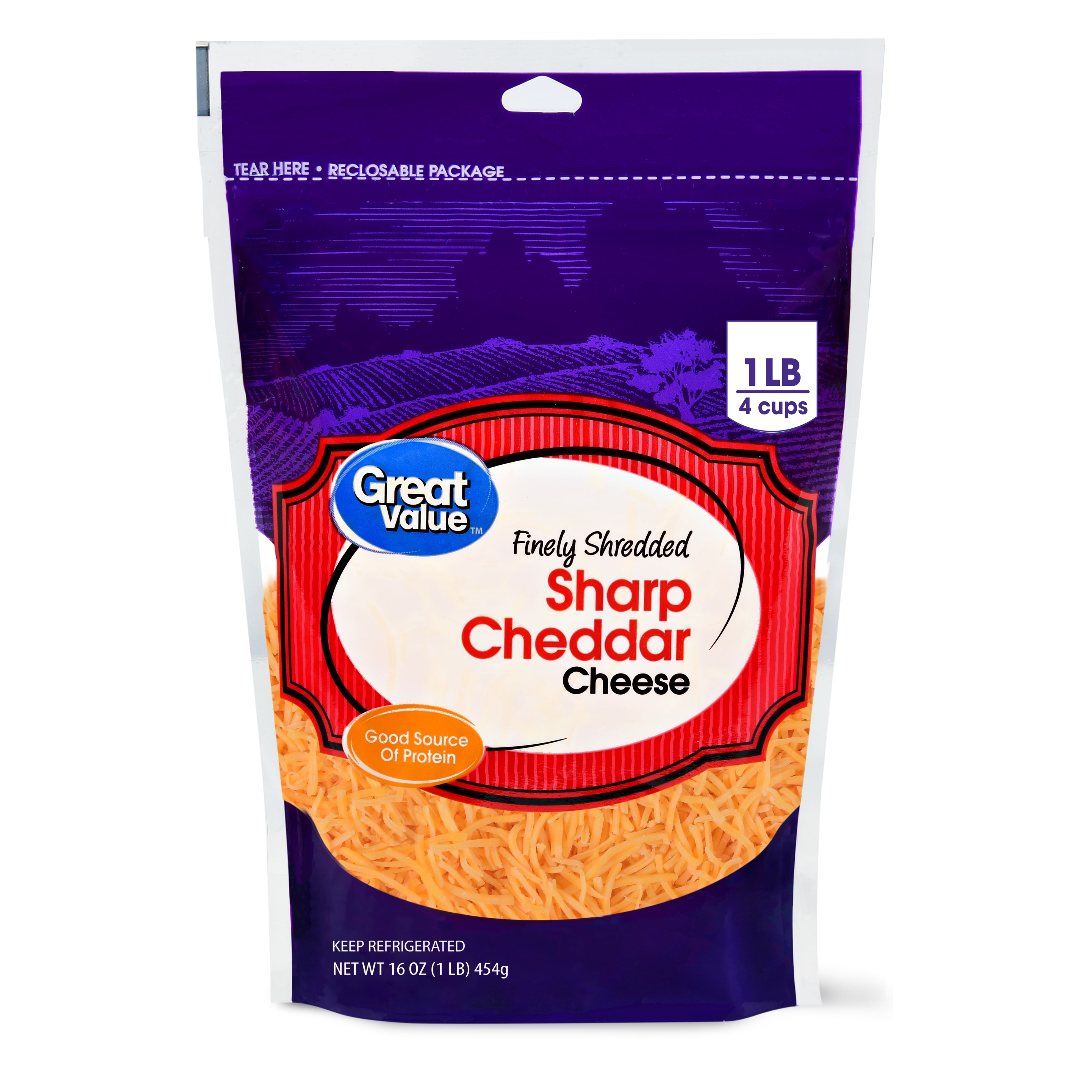 Great Value Finely Shredded Sharp Cheddar Cheese, 16 Oz.